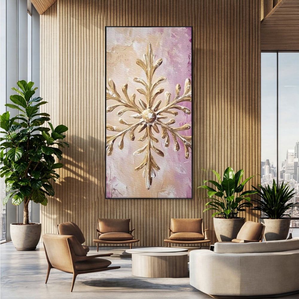 Tablou canvas cu tablou cu fulg de nea auriu in relief, in rama de aluminiu negru, pe perete intr-un birou